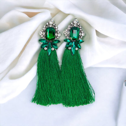 Tassels & Twinkle – Glam Green Rhinestone Drop Earrings - Rhythms of Grace Creative