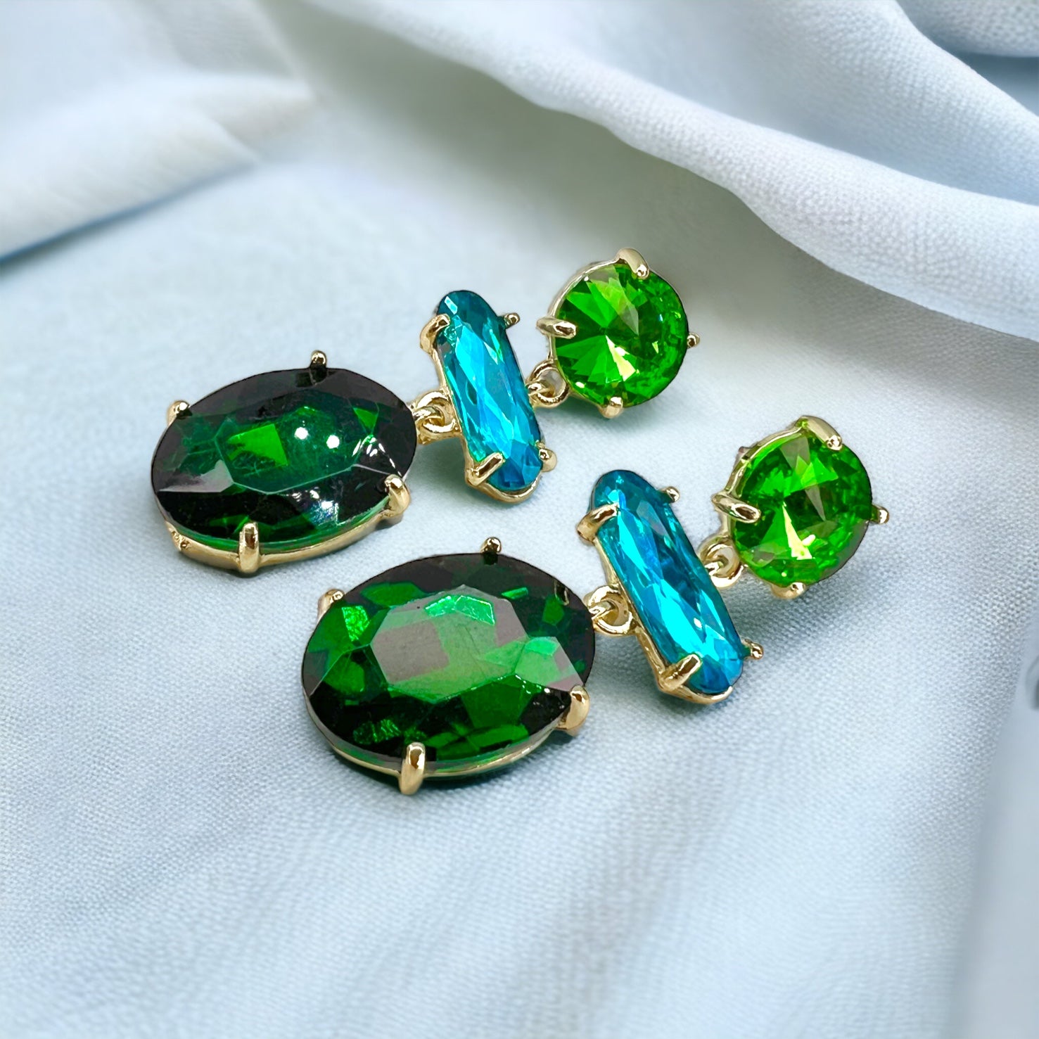 Dazzle & Drop It – Green & Blue Rhinestone Glam Earrings with Tassels 💚💙 - Rhythms of Grace Creative