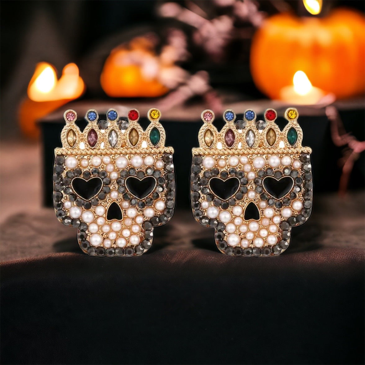 Rhinestone Skull Earrings - Halloween Earrings, Skeleton Earrings, Halloween Skull, Halloween Earrings, Sugar Skull, Day of the Dead - Rhythms of Grace Creative