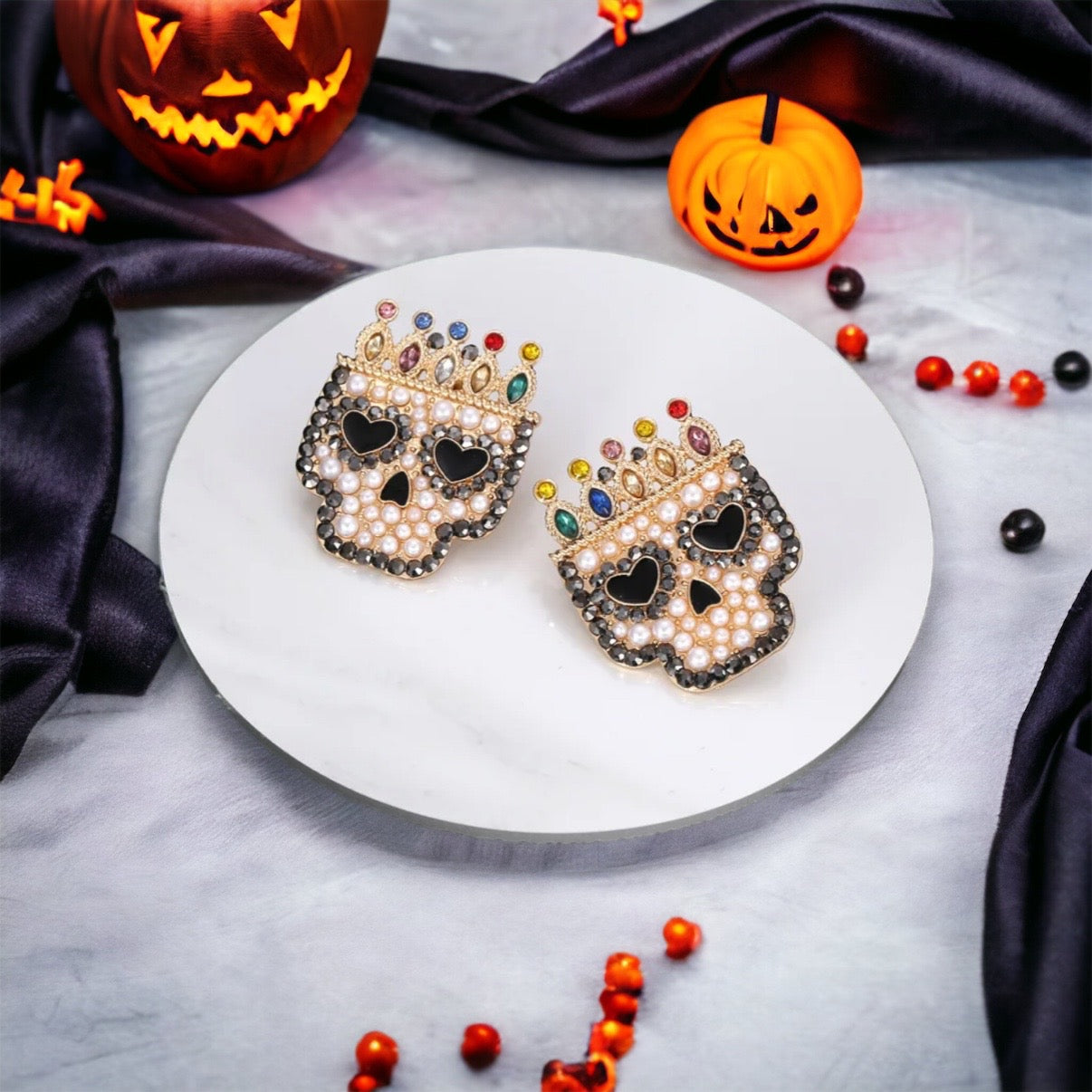 Rhinestone Skull Earrings - Halloween Earrings, Skeleton Earrings, Halloween Skull, Halloween Earrings, Sugar Skull, Day of the Dead - Rhythms of Grace Creative