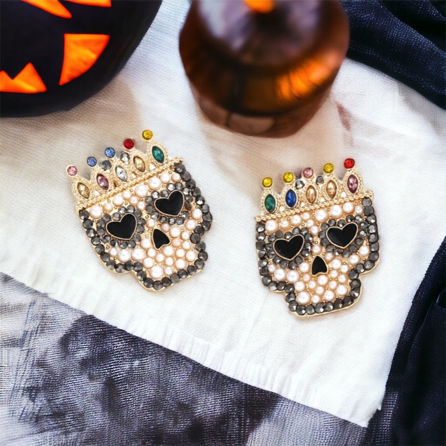 Rhinestone Skull Earrings - Halloween Earrings, Skeleton Earrings, Halloween Skull, Halloween Earrings, Sugar Skull, Day of the Dead - Rhythms of Grace Creative