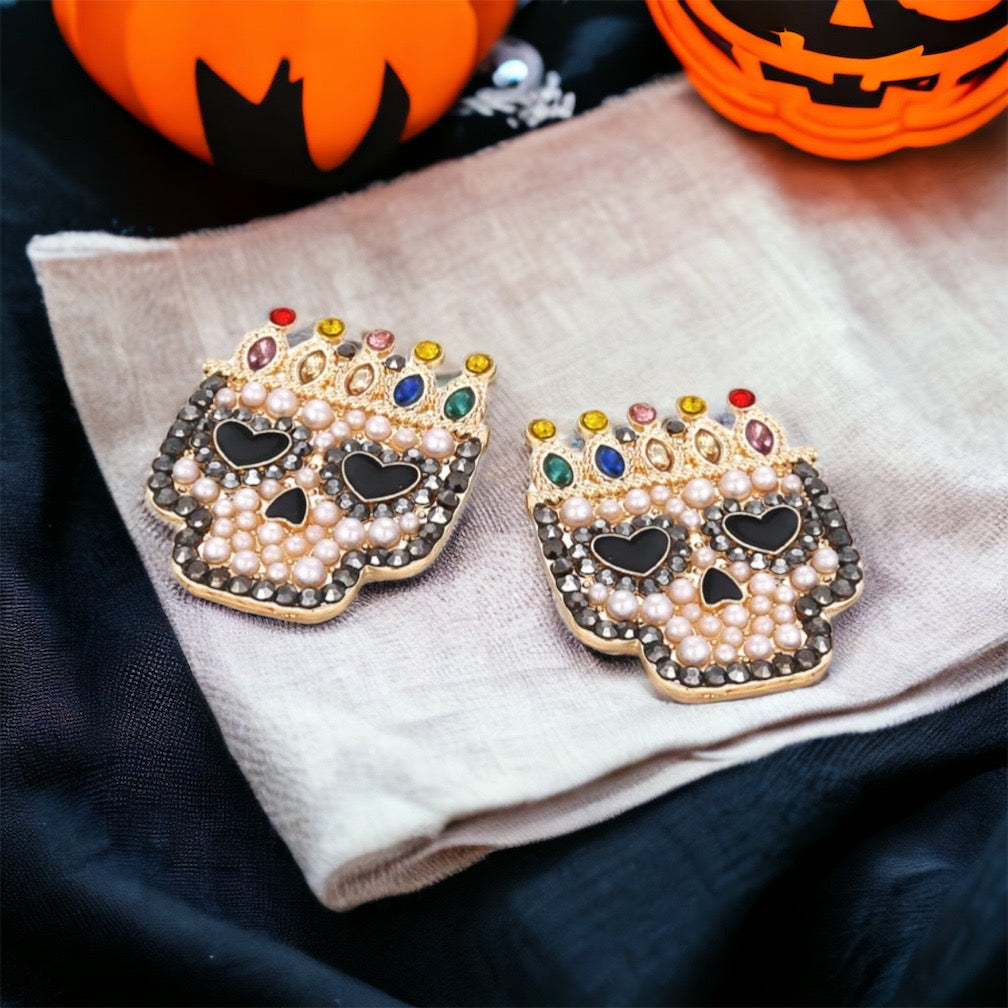 Rhinestone Skull Earrings - Halloween Earrings, Skeleton Earrings, Halloween Skull, Halloween Earrings, Sugar Skull, Day of the Dead - Rhythms of Grace Creative