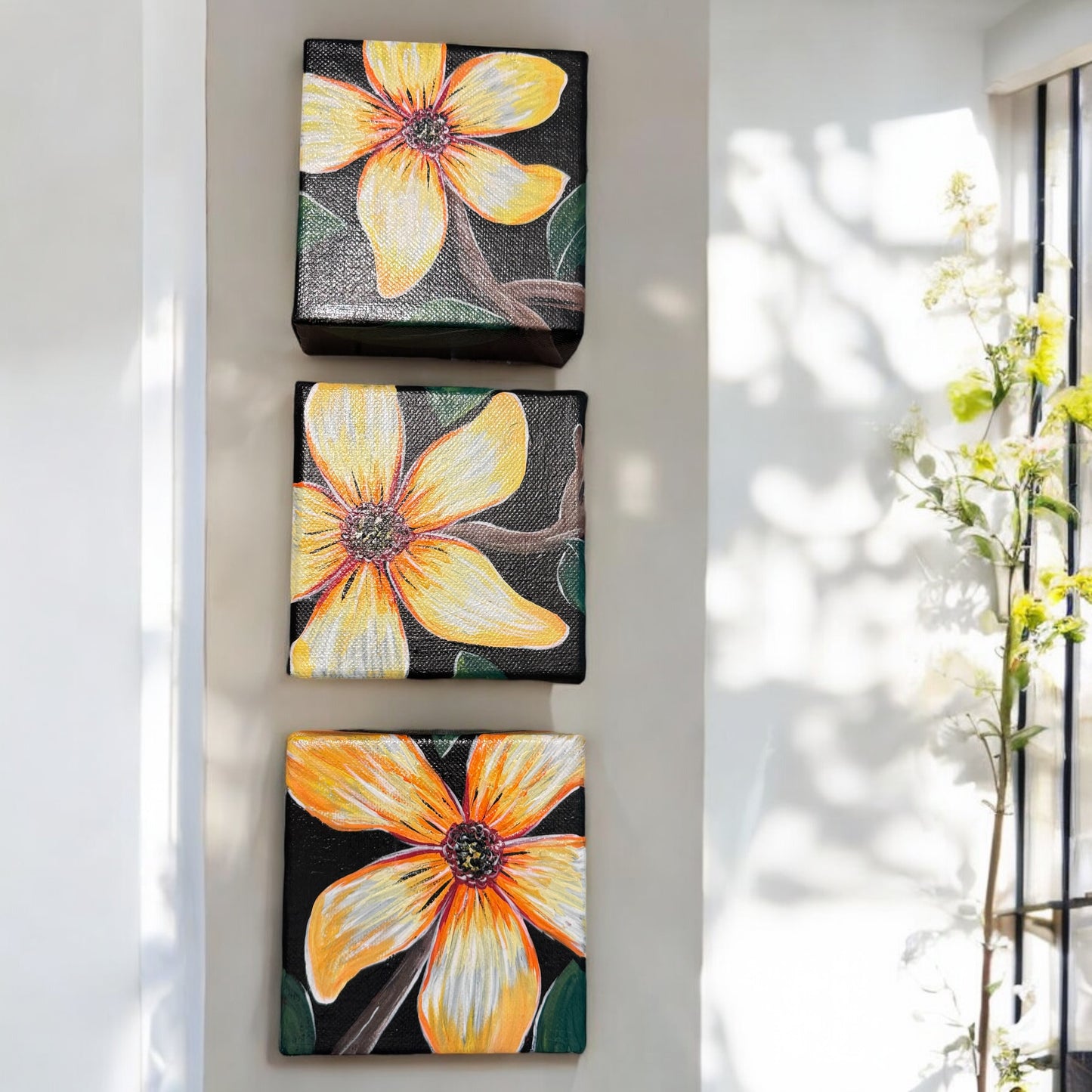 "Golden Bloom Trio" – Original Hand-Painted Mini Canvas Set