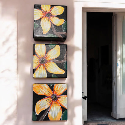 "Golden Bloom Trio" – Original Hand-Painted Mini Canvas Set