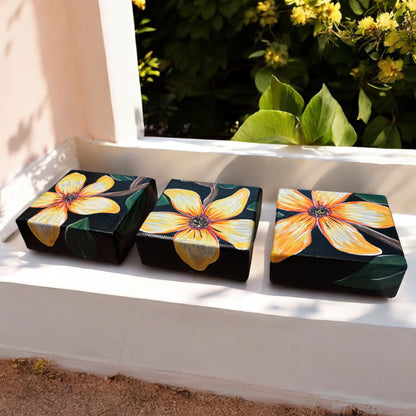 "Golden Bloom Trio" – Original Hand-Painted Mini Canvas Set