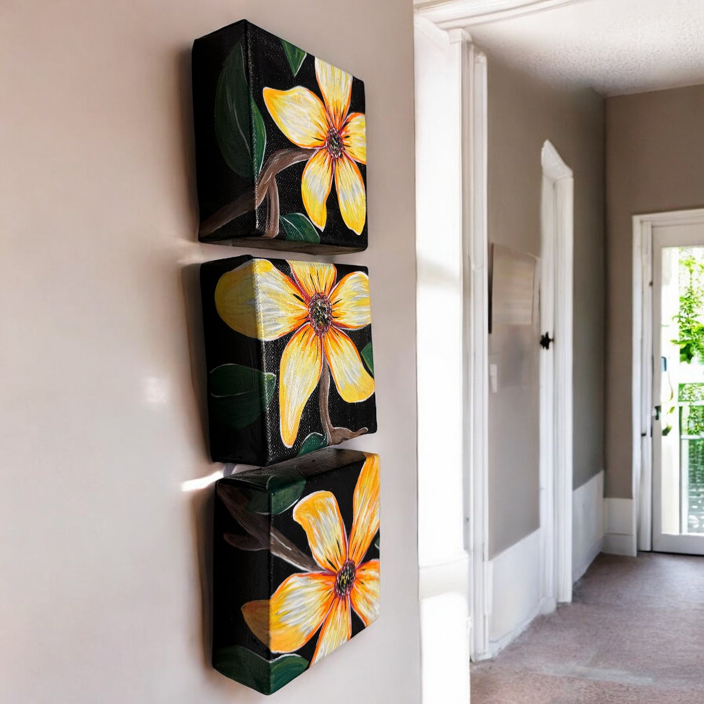 "Golden Bloom Trio" – Original Hand-Painted Mini Canvas Set