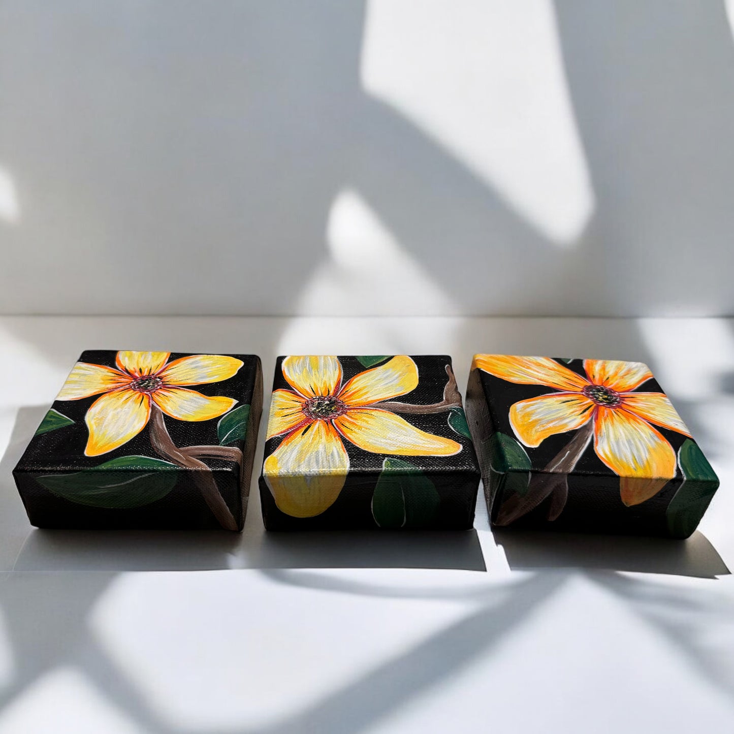 "Golden Bloom Trio" – Original Hand-Painted Mini Canvas Set