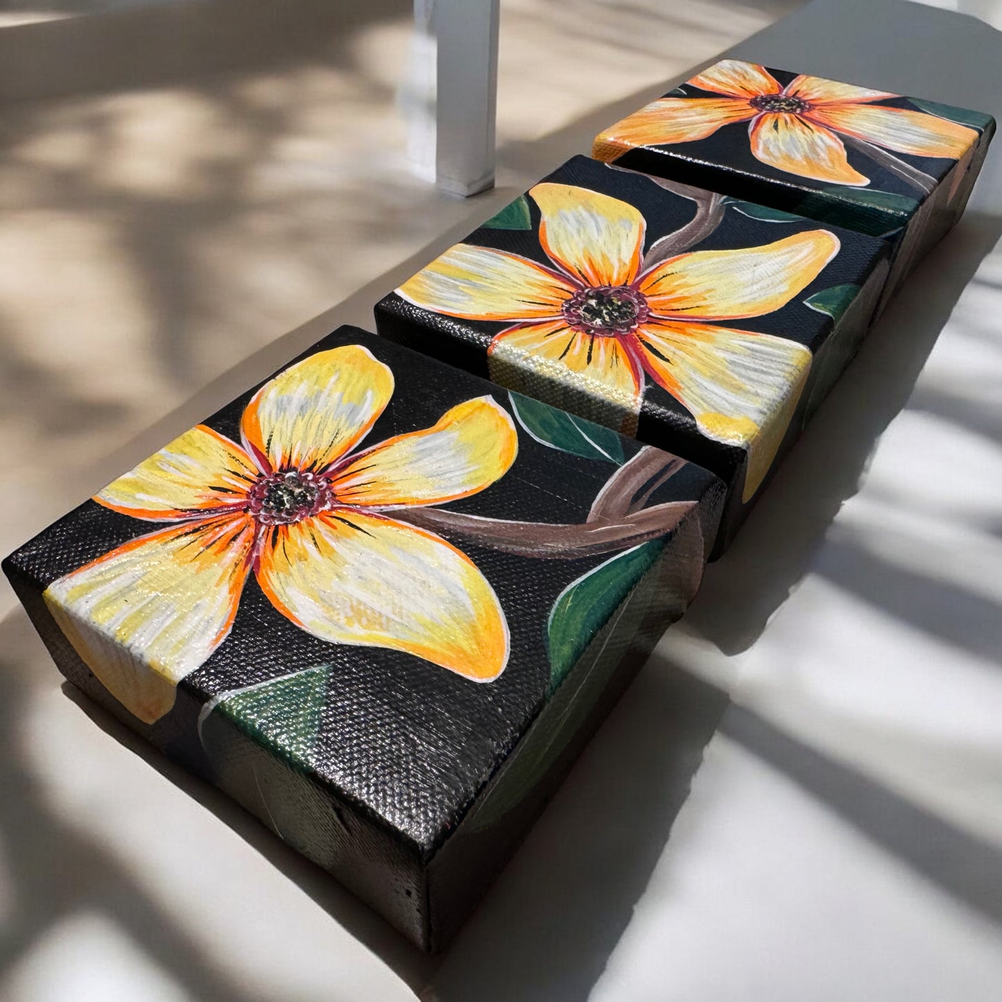 "Golden Bloom Trio" – Original Hand-Painted Mini Canvas Set