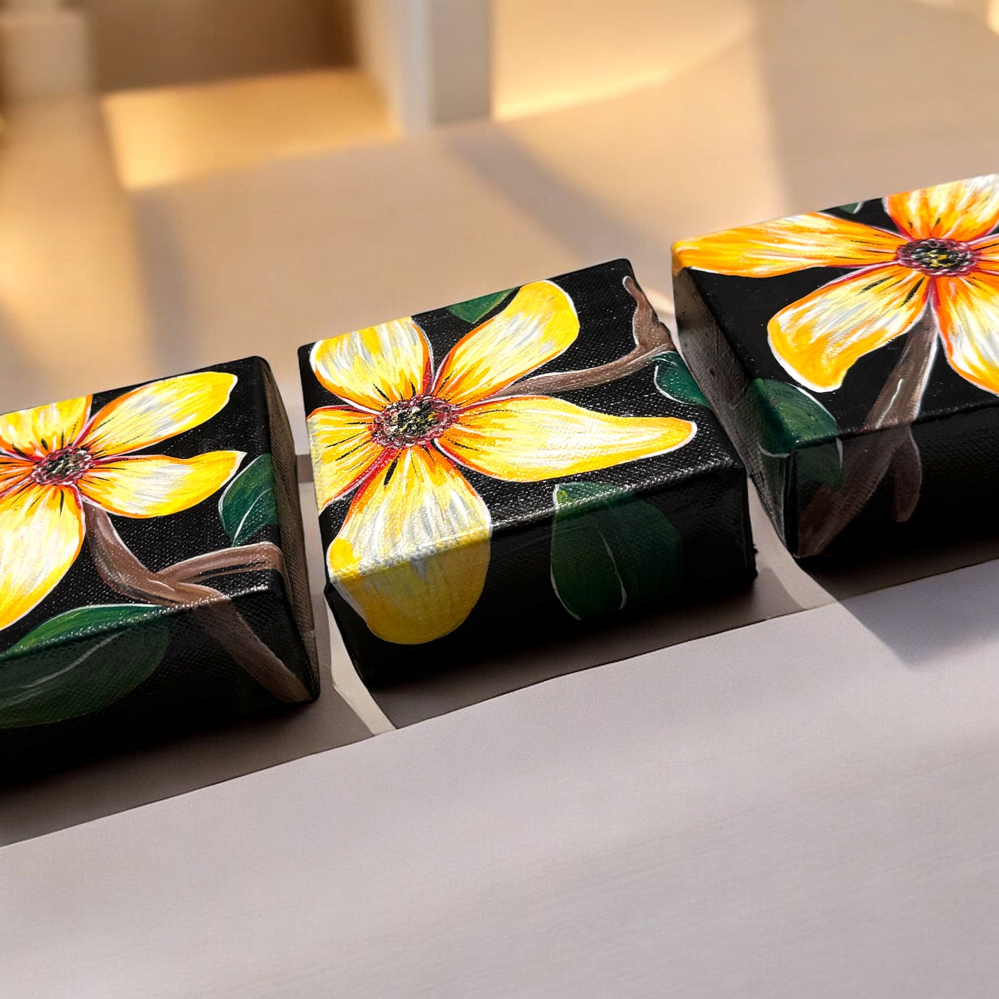 "Golden Bloom Trio" – Original Hand-Painted Mini Canvas Set