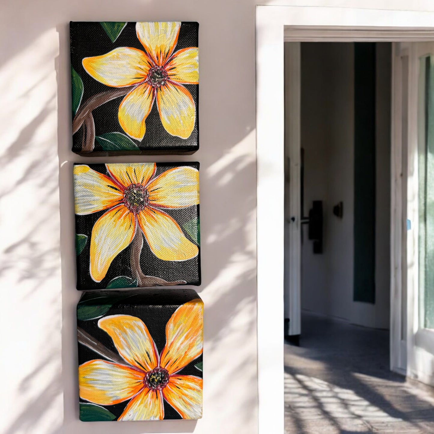 "Golden Bloom Trio" – Original Hand-Painted Mini Canvas Set