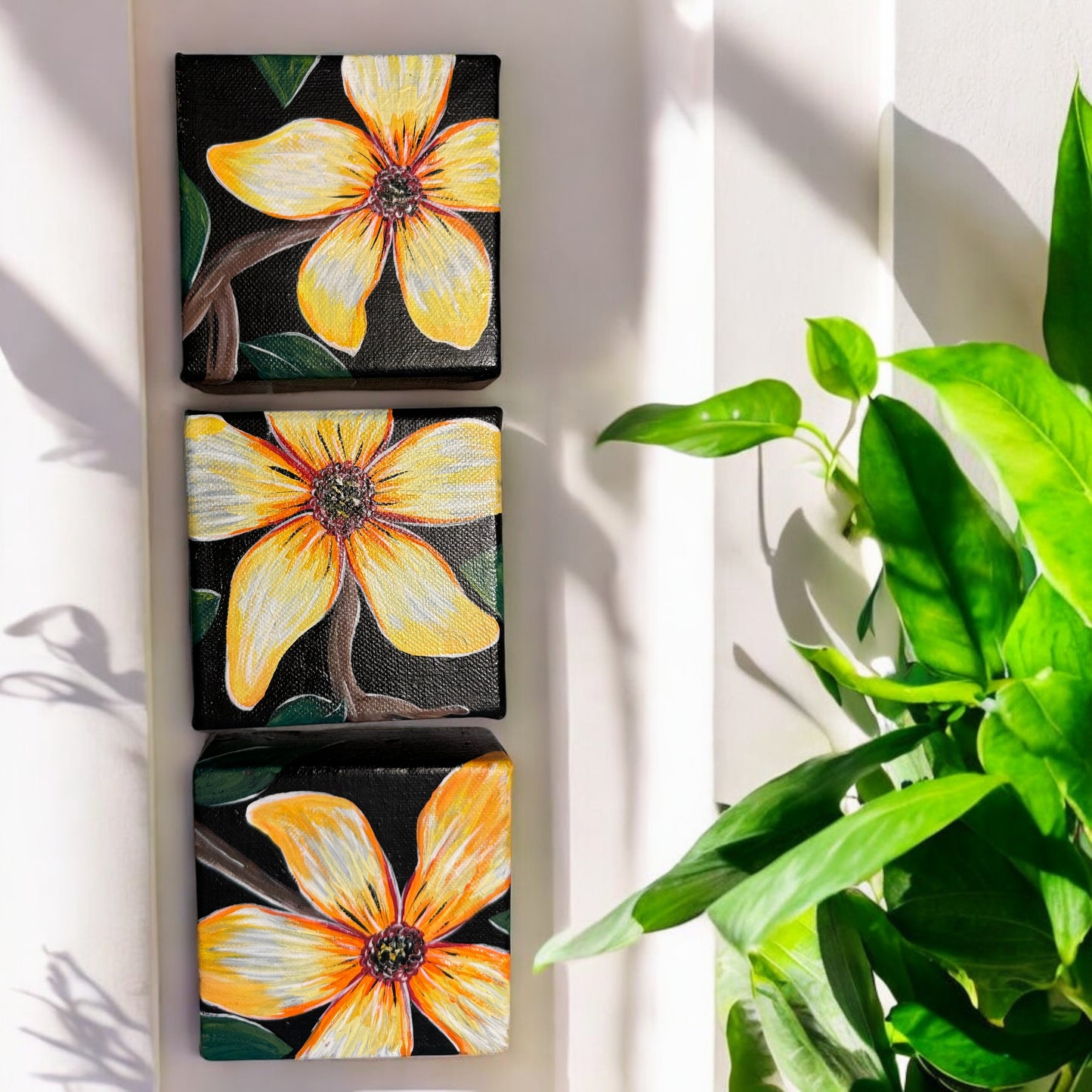 "Golden Bloom Trio" – Original Hand-Painted Mini Canvas Set