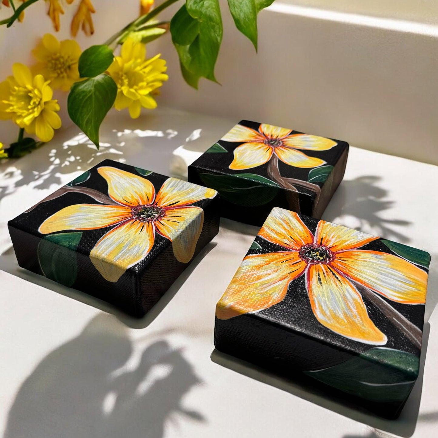 "Golden Bloom Trio" – Original Hand-Painted Mini Canvas Set