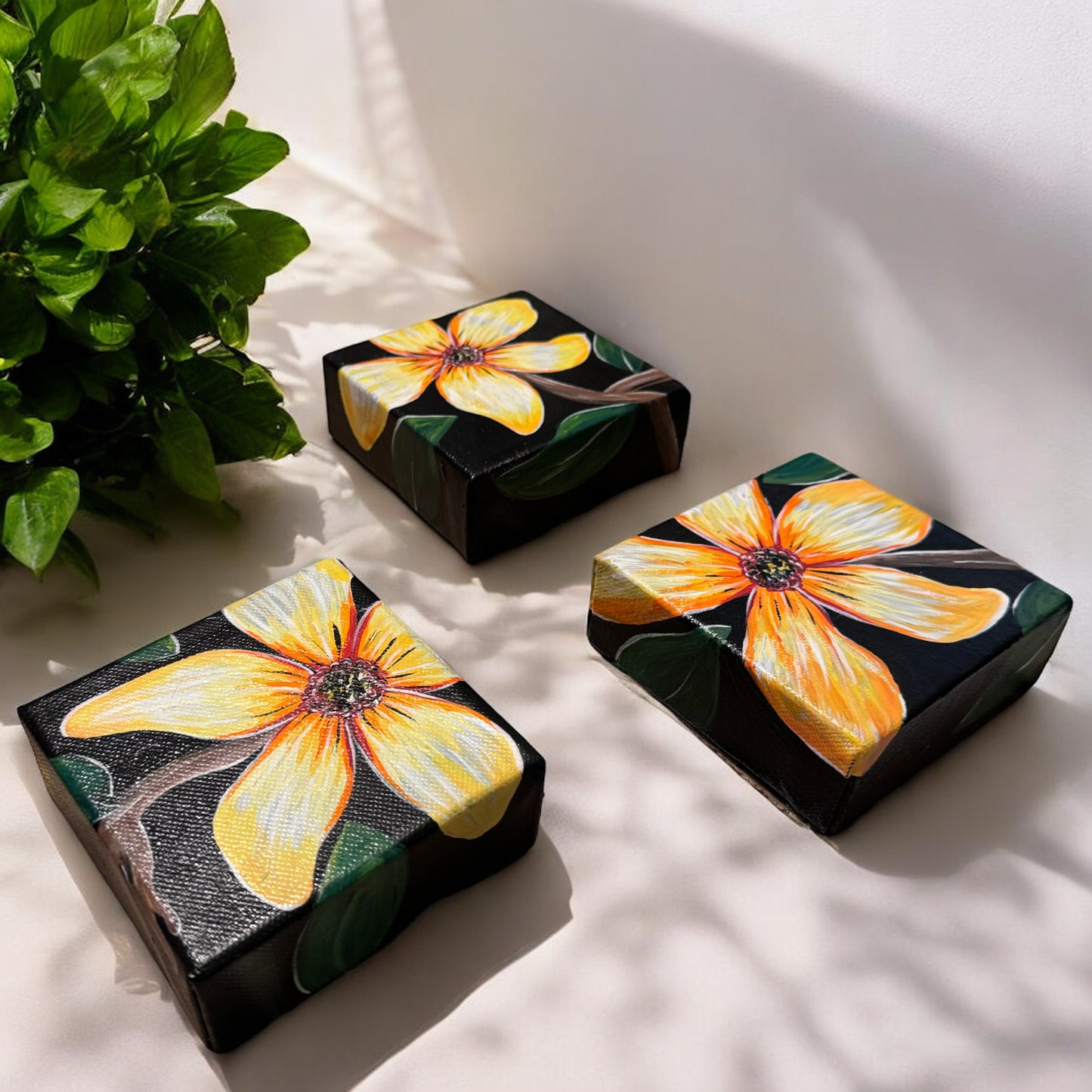 "Golden Bloom Trio" – Original Hand-Painted Mini Canvas Set