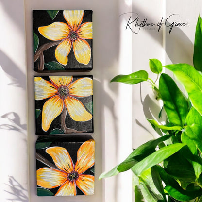 "Golden Bloom Trio" – Original Hand-Painted Mini Canvas Set
