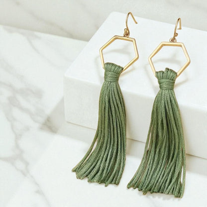 Boho Tassel Dangle Earrings – Sage Green or Black | Western Chic Jewelry