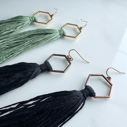 Boho Tassel Dangle Earrings – Sage Green or Black | Western Chic Jewelry