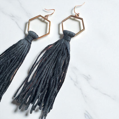 Boho Tassel Dangle Earrings – Sage Green or Black | Western Chic Jewelry