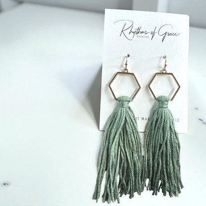 Boho Tassel Dangle Earrings – Sage Green or Black | Western Chic Jewelry