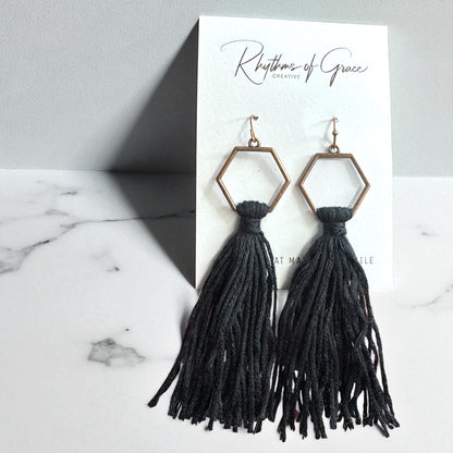 Boho Tassel Dangle Earrings – Sage Green or Black | Western Chic Jewelry