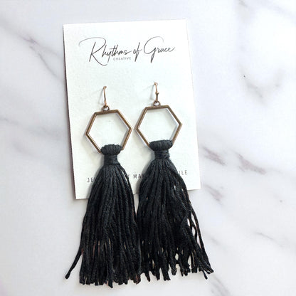 Boho Tassel Dangle Earrings – Sage Green or Black | Western Chic Jewelry
