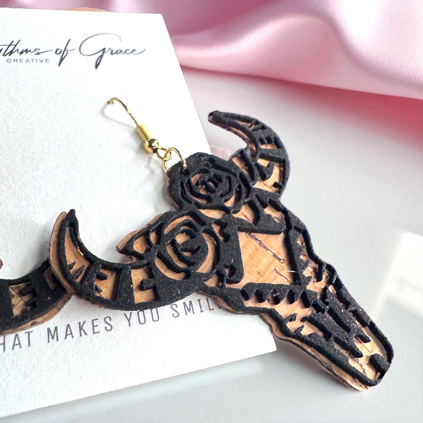 Western Cork & Leather Dangle Earrings – Longhorn or Feather | Boho Rodeo Jewelry