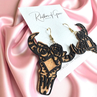 Western Cork & Leather Dangle Earrings – Longhorn or Feather | Boho Rodeo Jewelry