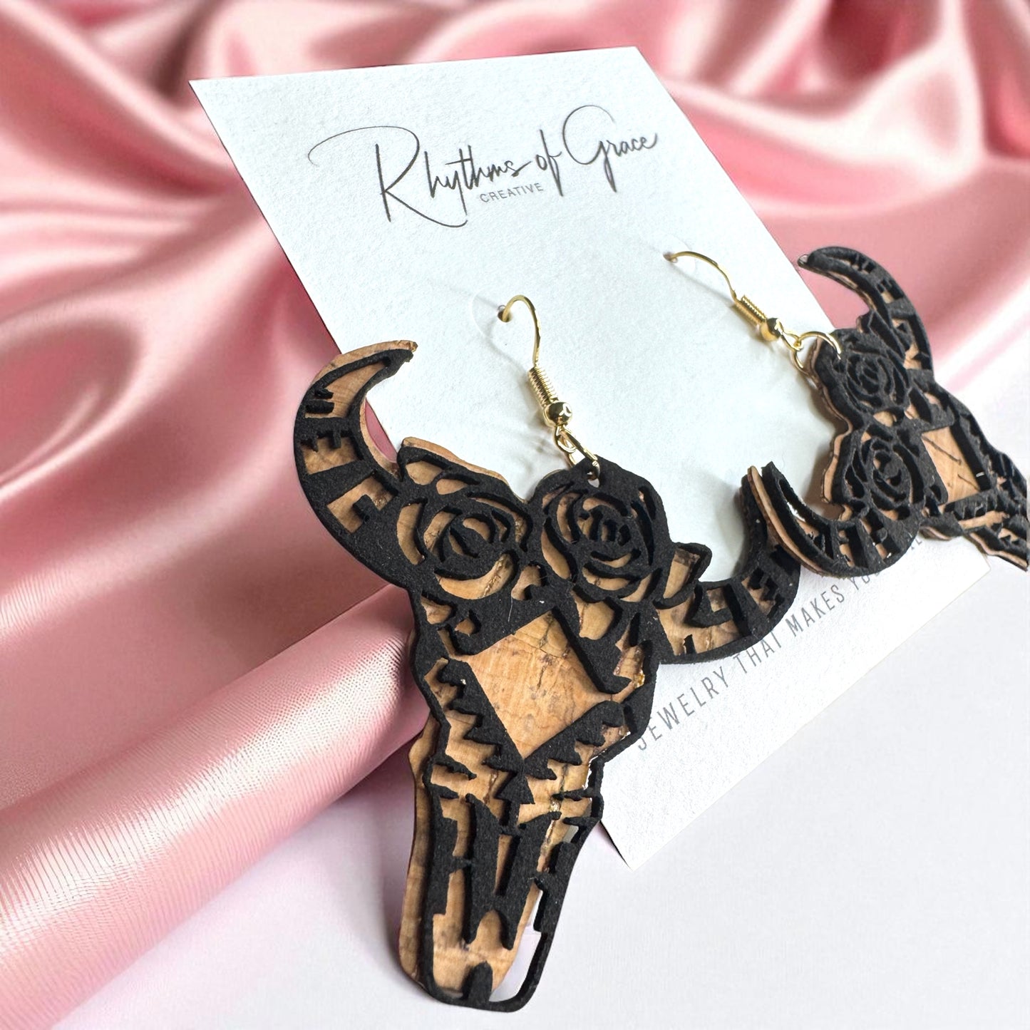 Western Cork & Leather Dangle Earrings – Longhorn or Feather | Boho Rodeo Jewelry