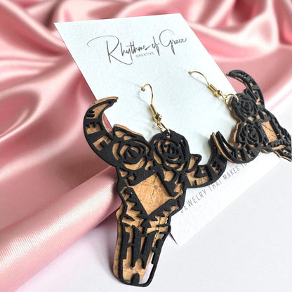 Western Cork & Leather Dangle Earrings – Longhorn or Feather | Boho Rodeo Jewelry