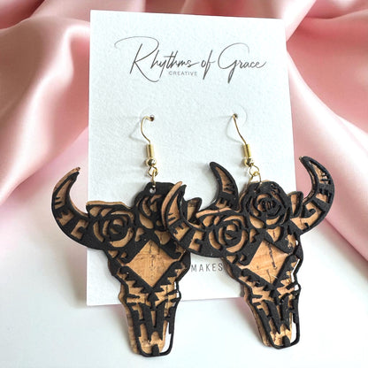 Western Cork & Leather Dangle Earrings – Longhorn or Feather | Boho Rodeo Jewelry
