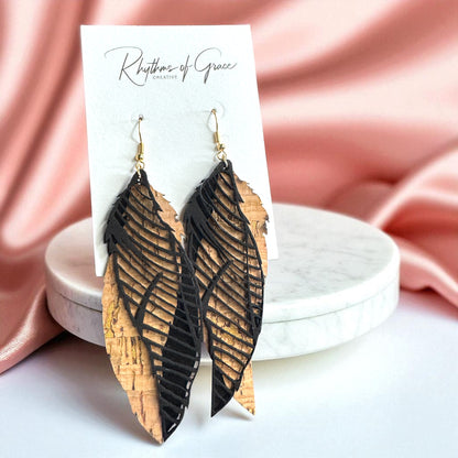 Western Cork & Leather Dangle Earrings – Longhorn or Feather | Boho Rodeo Jewelry