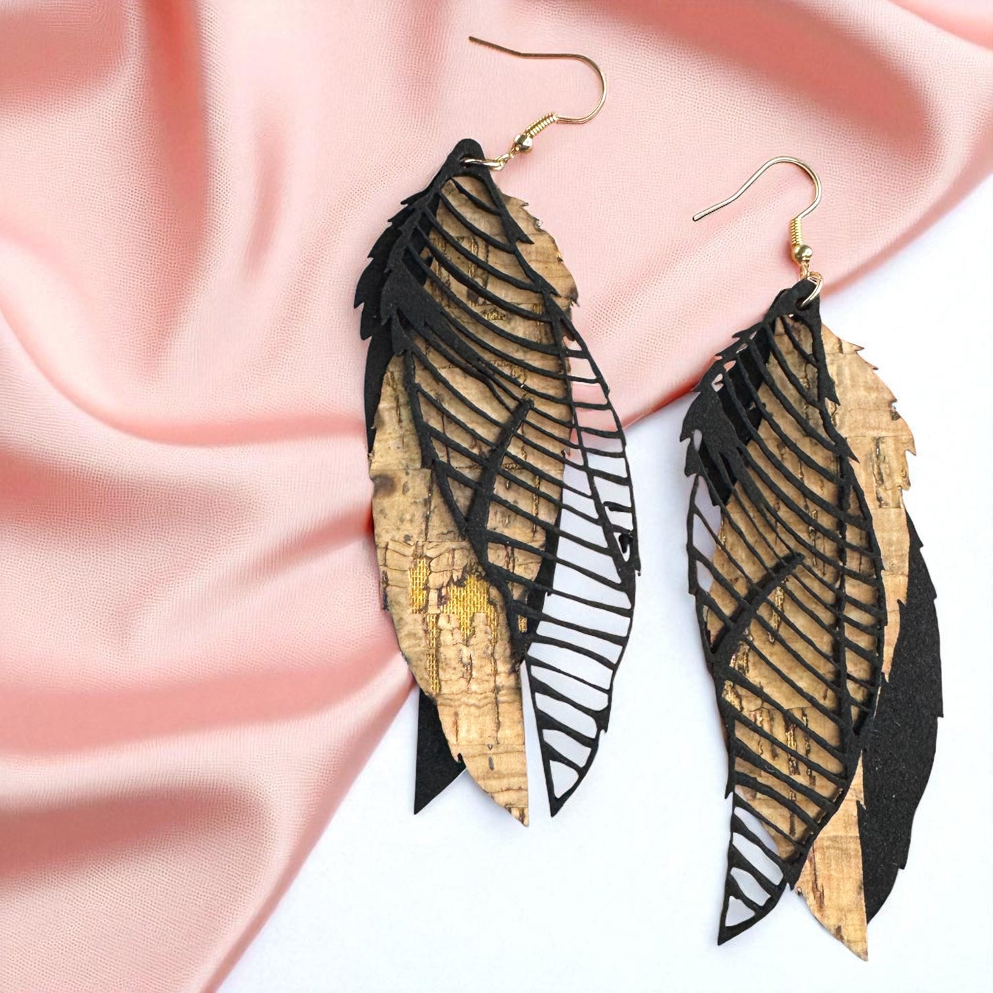 Western Cork & Leather Dangle Earrings – Longhorn or Feather | Boho Rodeo Jewelry