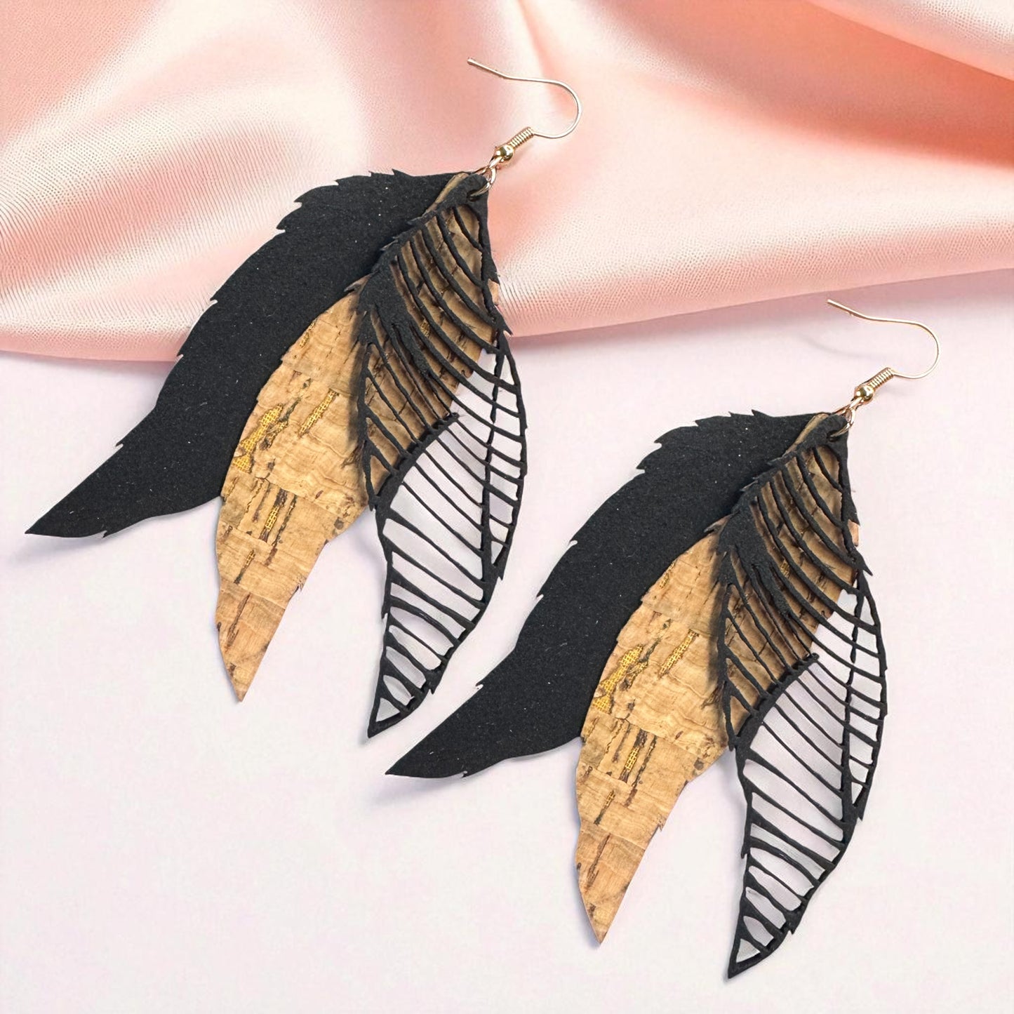 Western Cork & Leather Dangle Earrings – Longhorn or Feather | Boho Rodeo Jewelry