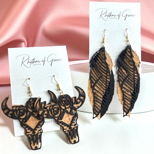 Western Cork & Leather Dangle Earrings – Longhorn or Feather | Boho Rodeo Jewelry