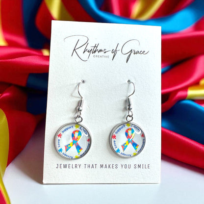Autism Awareness Dangle Earrings –  2 Colorful Cabochon Designs