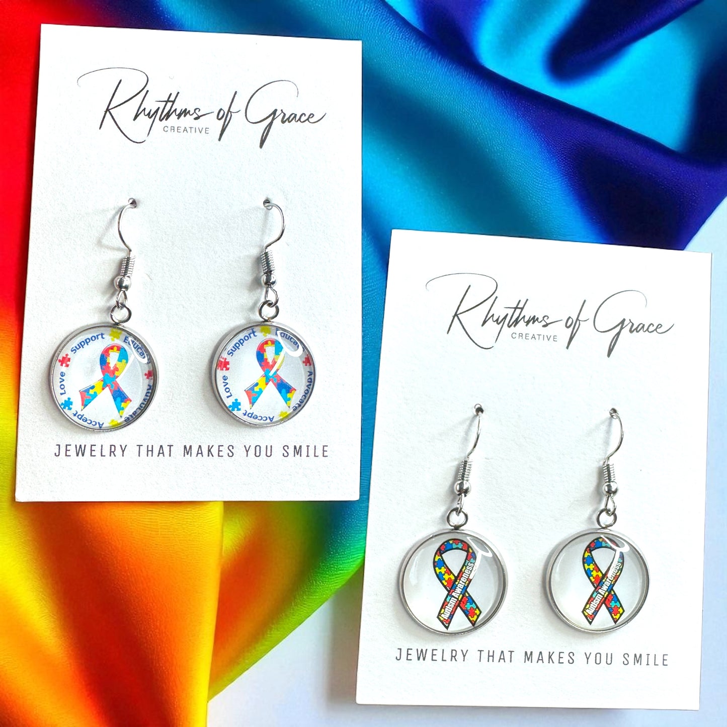 Autism Awareness Dangle Earrings –  2 Colorful Cabochon Designs
