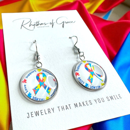 Autism Awareness Dangle Earrings –  2 Colorful Cabochon Designs