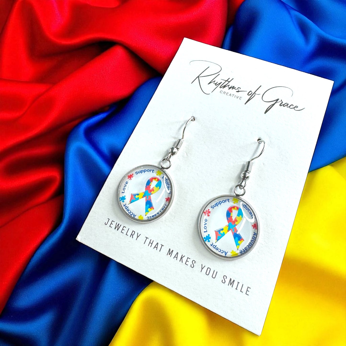 Autism Awareness Dangle Earrings –  2 Colorful Cabochon Designs