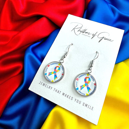Autism Awareness Dangle Earrings –  2 Colorful Cabochon Designs
