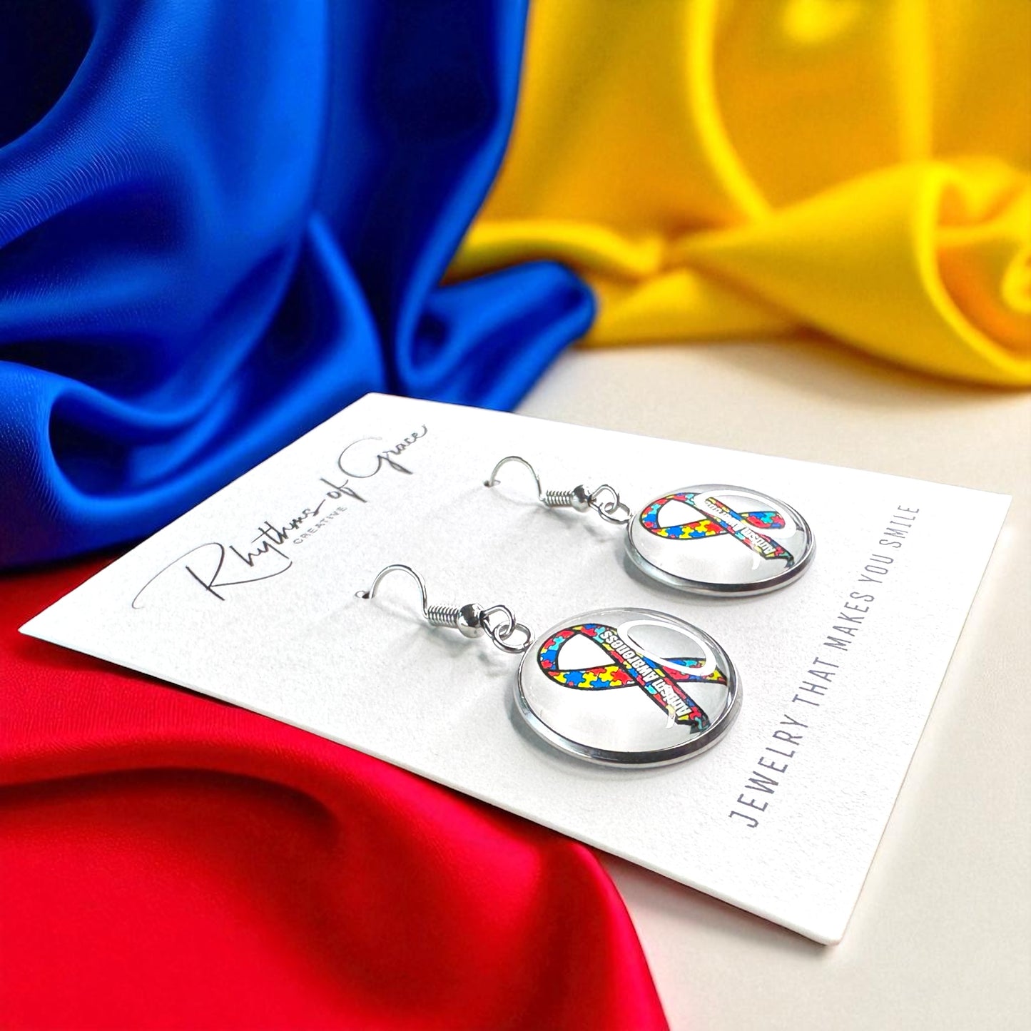 Autism Awareness Dangle Earrings –  2 Colorful Cabochon Designs