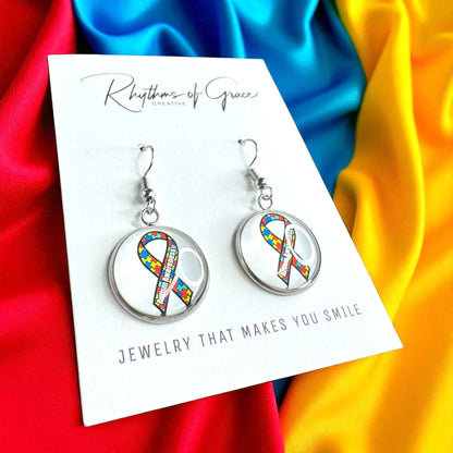 Autism Awareness Dangle Earrings –  2 Colorful Cabochon Designs
