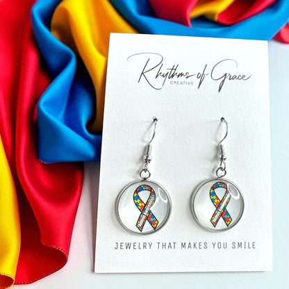 Autism Awareness Dangle Earrings –  2 Colorful Cabochon Designs