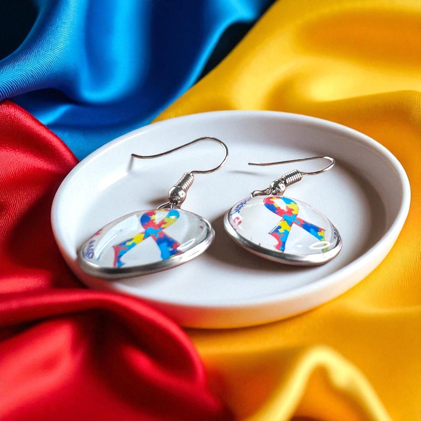 Autism Awareness Dangle Earrings –  2 Colorful Cabochon Designs