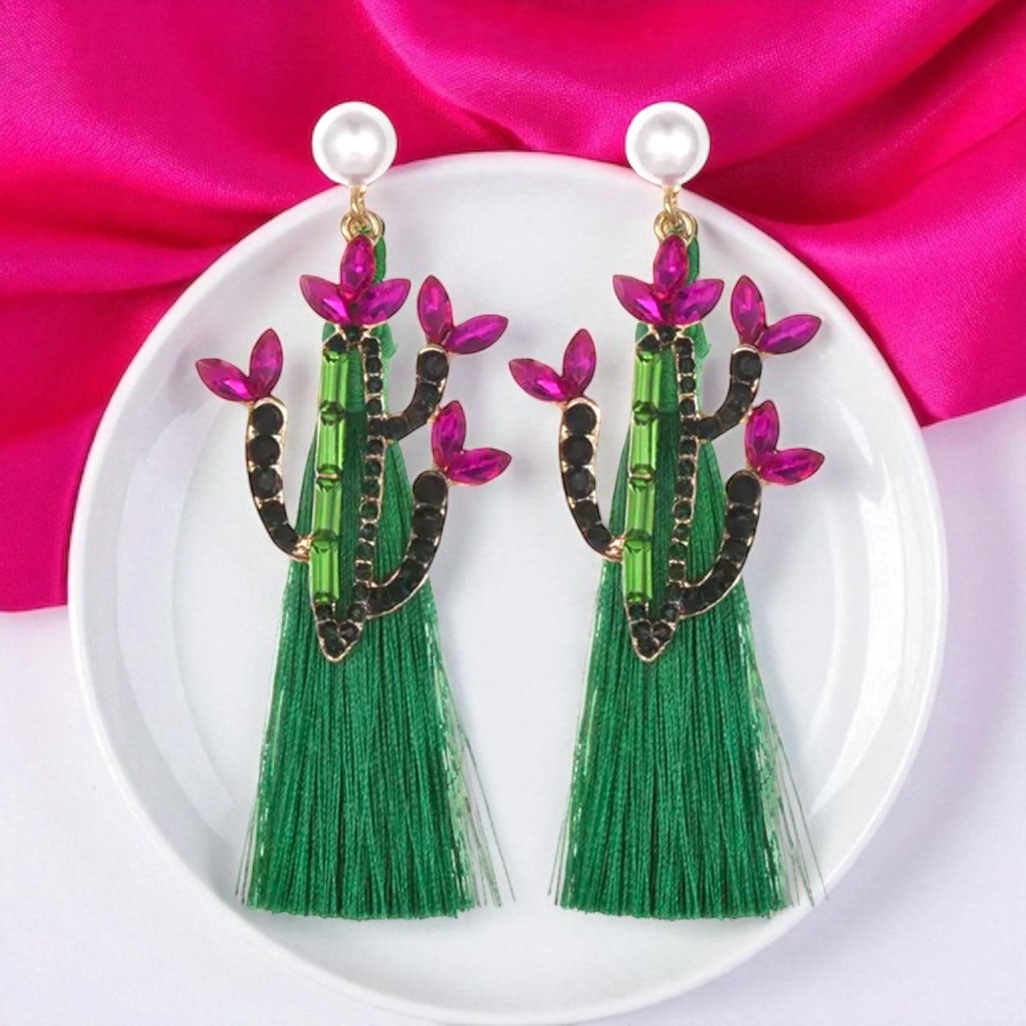 Sparkle in the Desert – Rhinestone Cactus Tassel Earrings 🌵