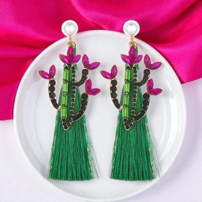 Sparkle in the Desert – Rhinestone Cactus Tassel Earrings 🌵