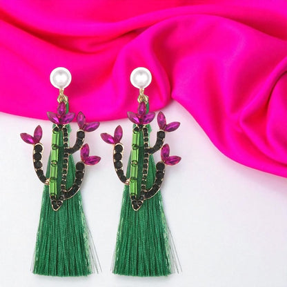 Sparkle in the Desert – Rhinestone Cactus Tassel Earrings 🌵