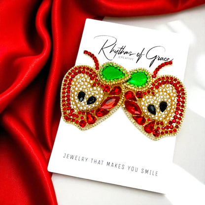 Sparkle into Back-to-School Season: Oversized Rhinestone Apple Dangle Earrings 🍎