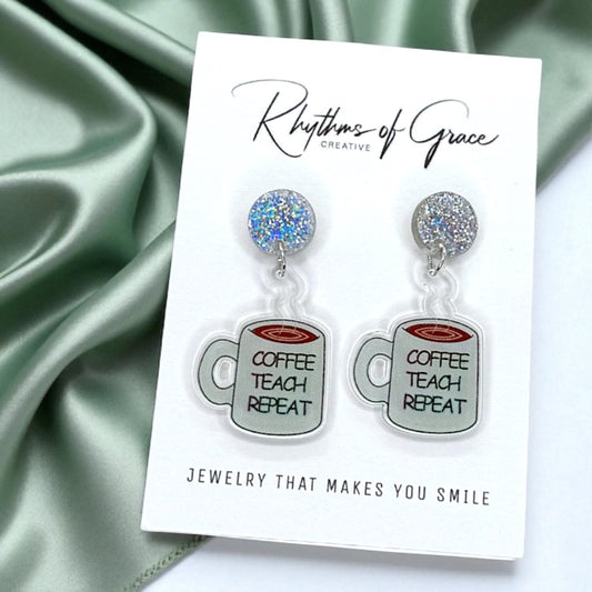 Coffee Teach Repeat Earrings – Caffeinated Style for Every Teacher! ☕