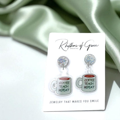 Coffee Teach Repeat Earrings – Caffeinated Style for Every Teacher! ☕
