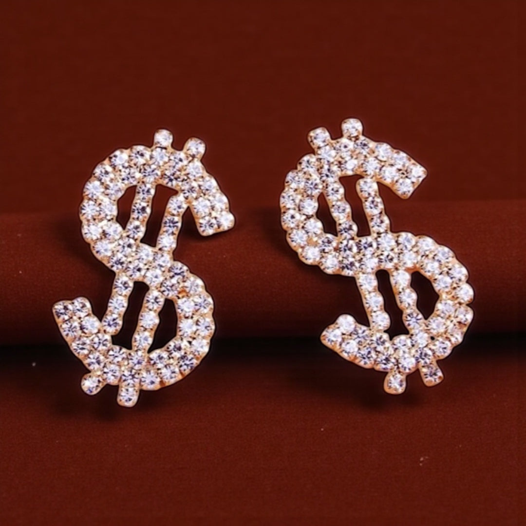 Sparkling Dollar Sign Shaped Earrings - 1.4 x 1 inches, Money