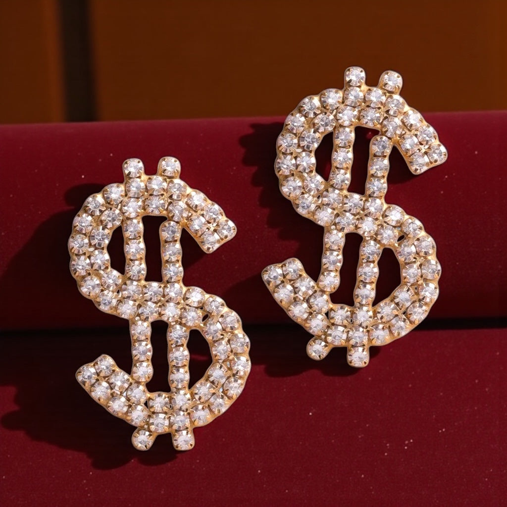 Sparkling Dollar Sign Shaped Earrings - 1.4 x 1 inches, Money